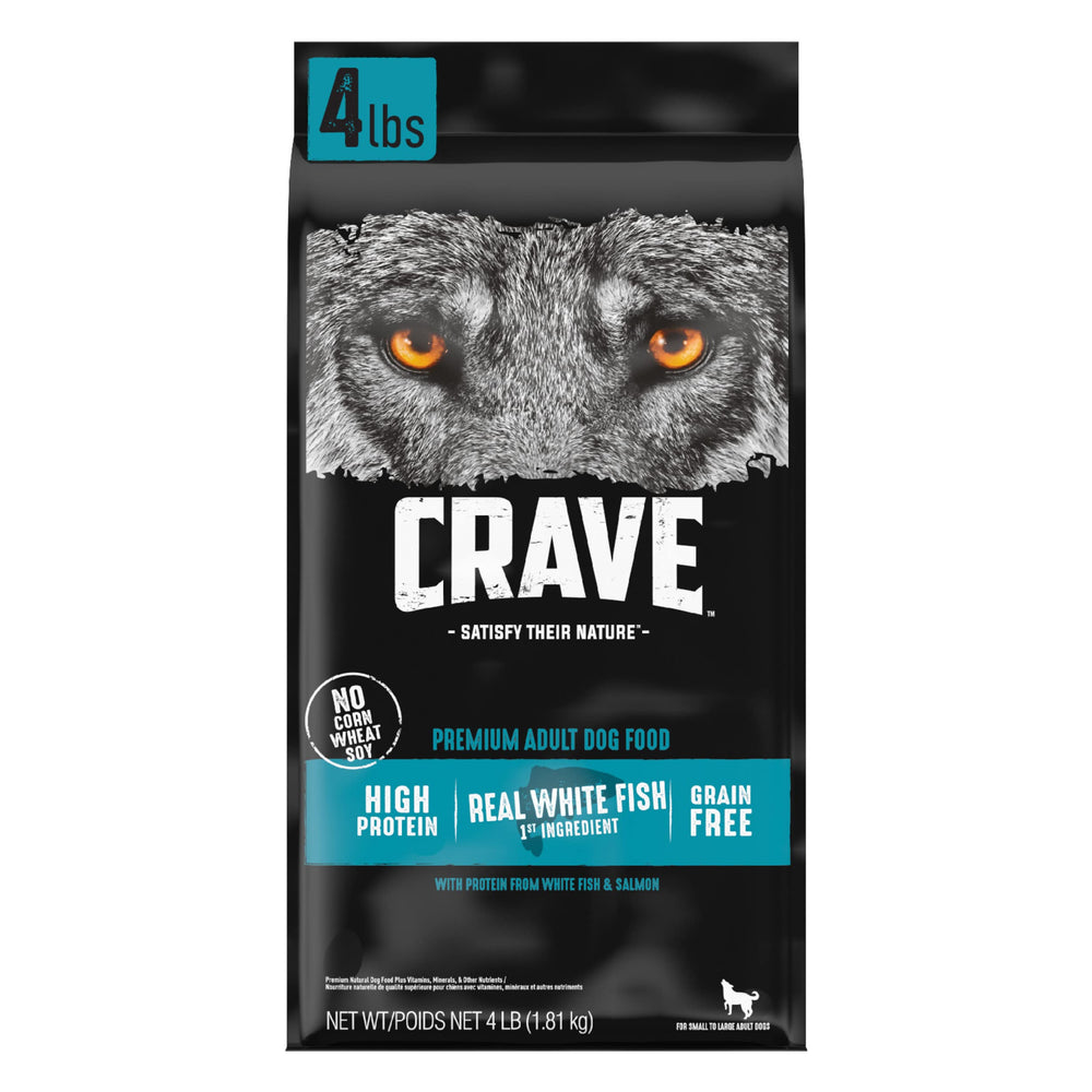 CRAVE grain-free adult dog food bag front showcasing high-protein formula.