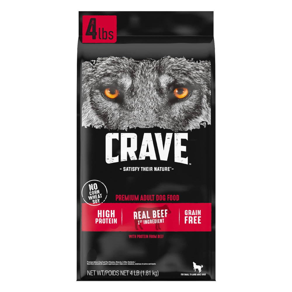 CRAVE grain-free adult dog food with beef for lean protein.