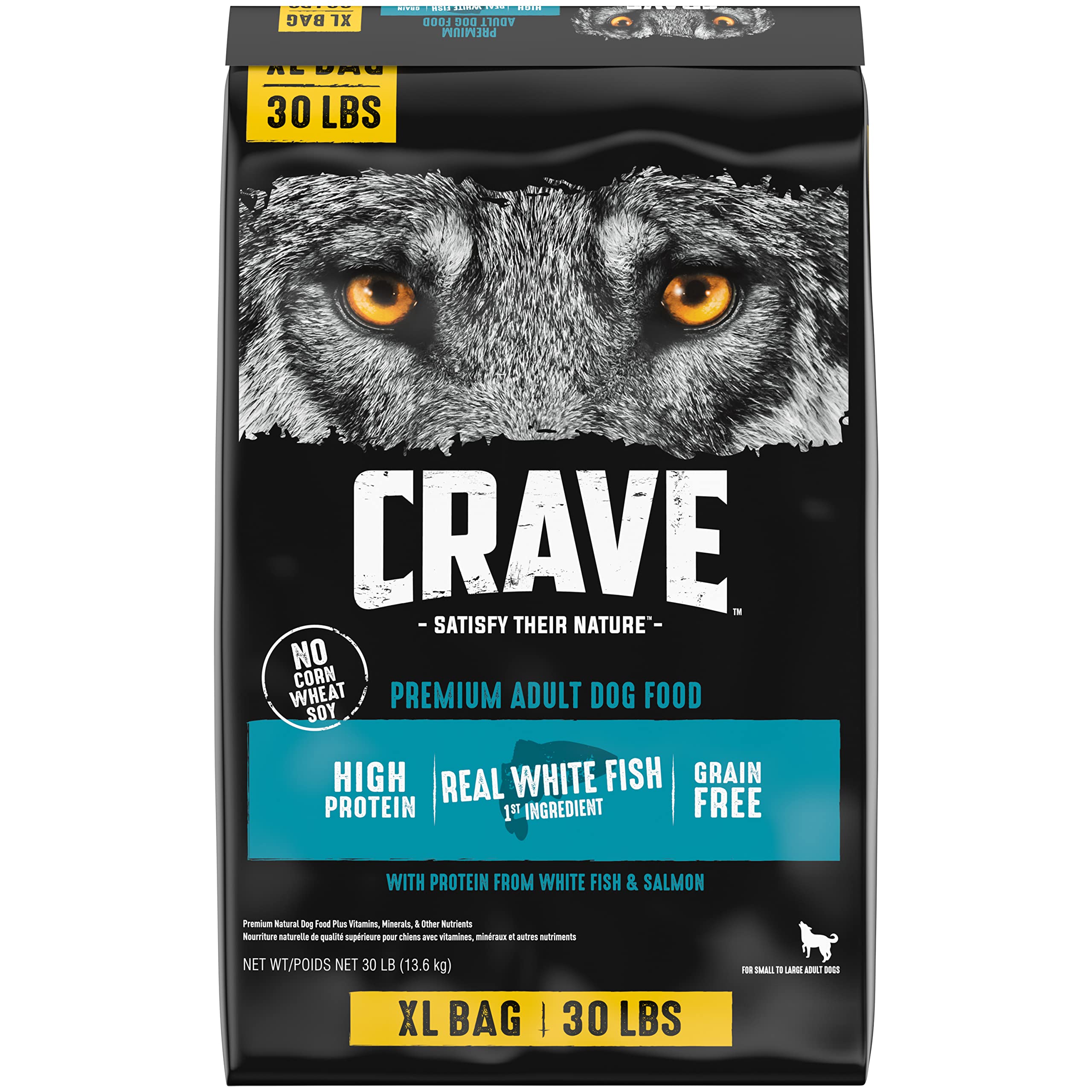 CRAVE grain-free adult dog food with white fish and salmon, 30 lb bag.