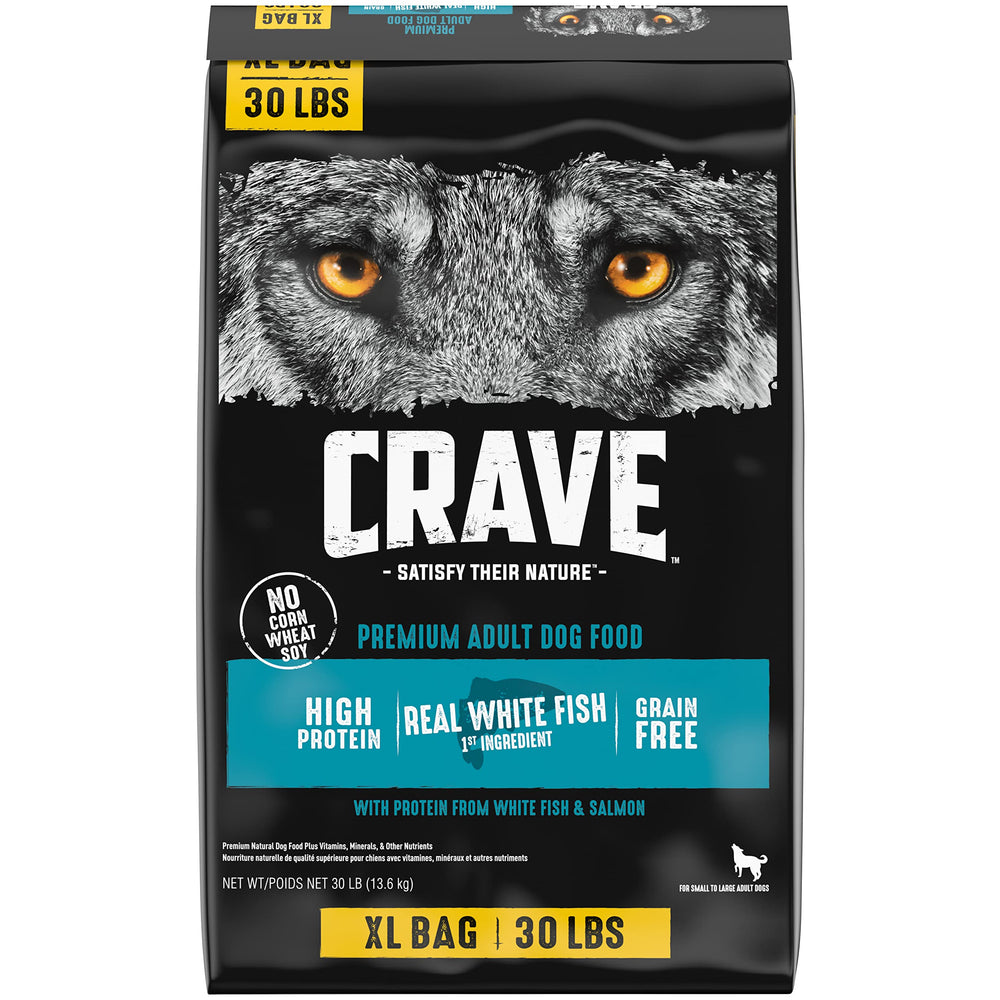CRAVE grain-free adult dog food with white fish and salmon, 30 lb bag.