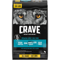 CRAVE grain-free adult dog food with white fish and salmon, 30 lb bag.