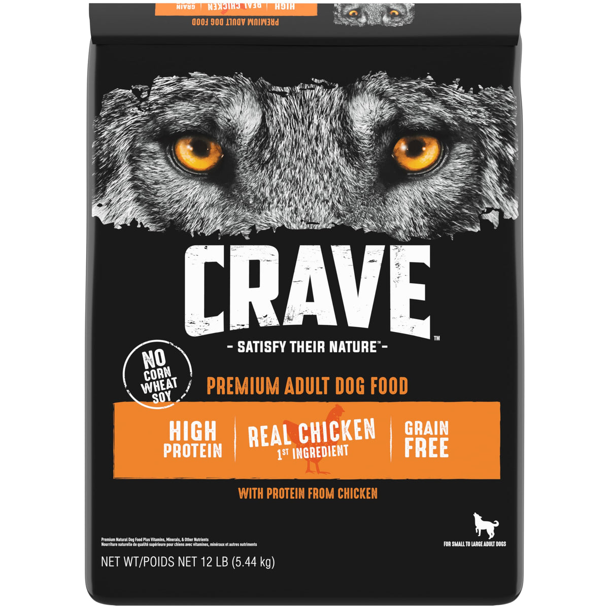 CRAVE grain-free chicken dry dog food bag highlights grain-free formula for lean energy