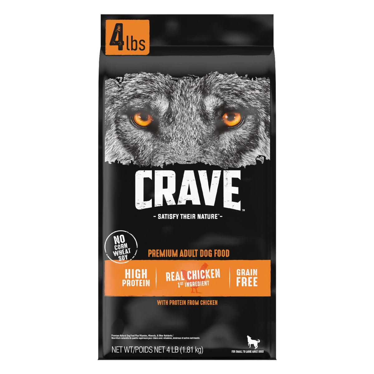 CRAVE grain-free high-protein dog food front bag highlights chicken formula for lean energy