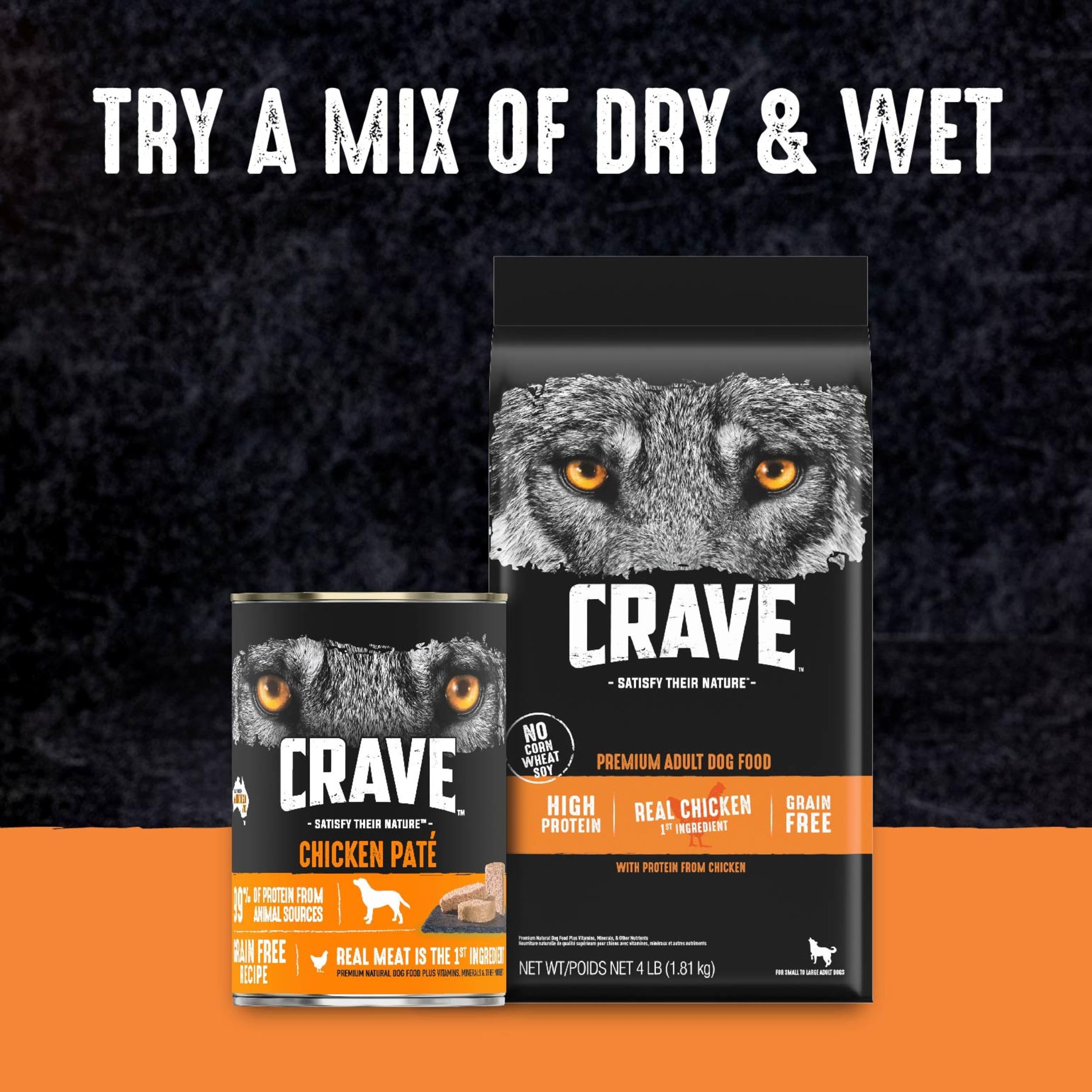 CRAVE no grain and no by-product claim on bag supports simple ingredient choices