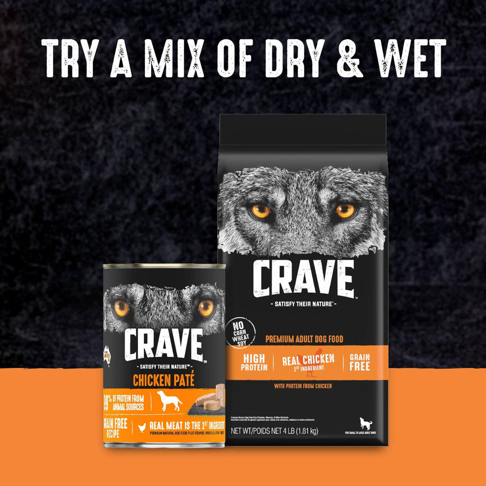CRAVE no grain and no by-product claim on bag supports simple ingredient choices