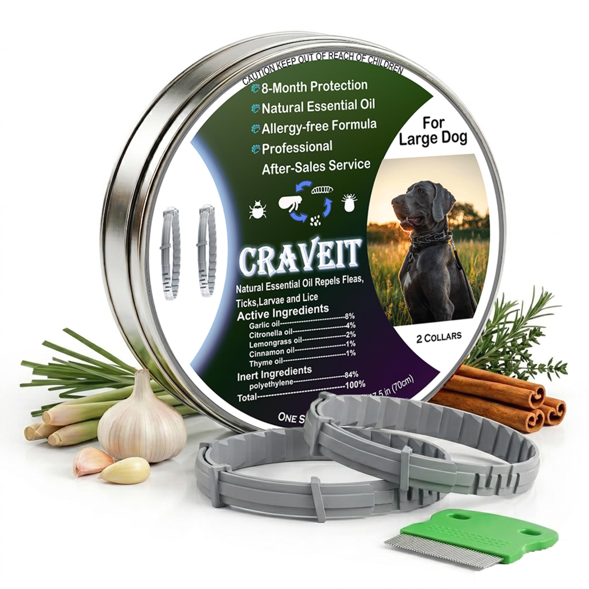 Craveit dog flea collar pack buckle shows adjustable fit for large breeds, ensuring secure wear.