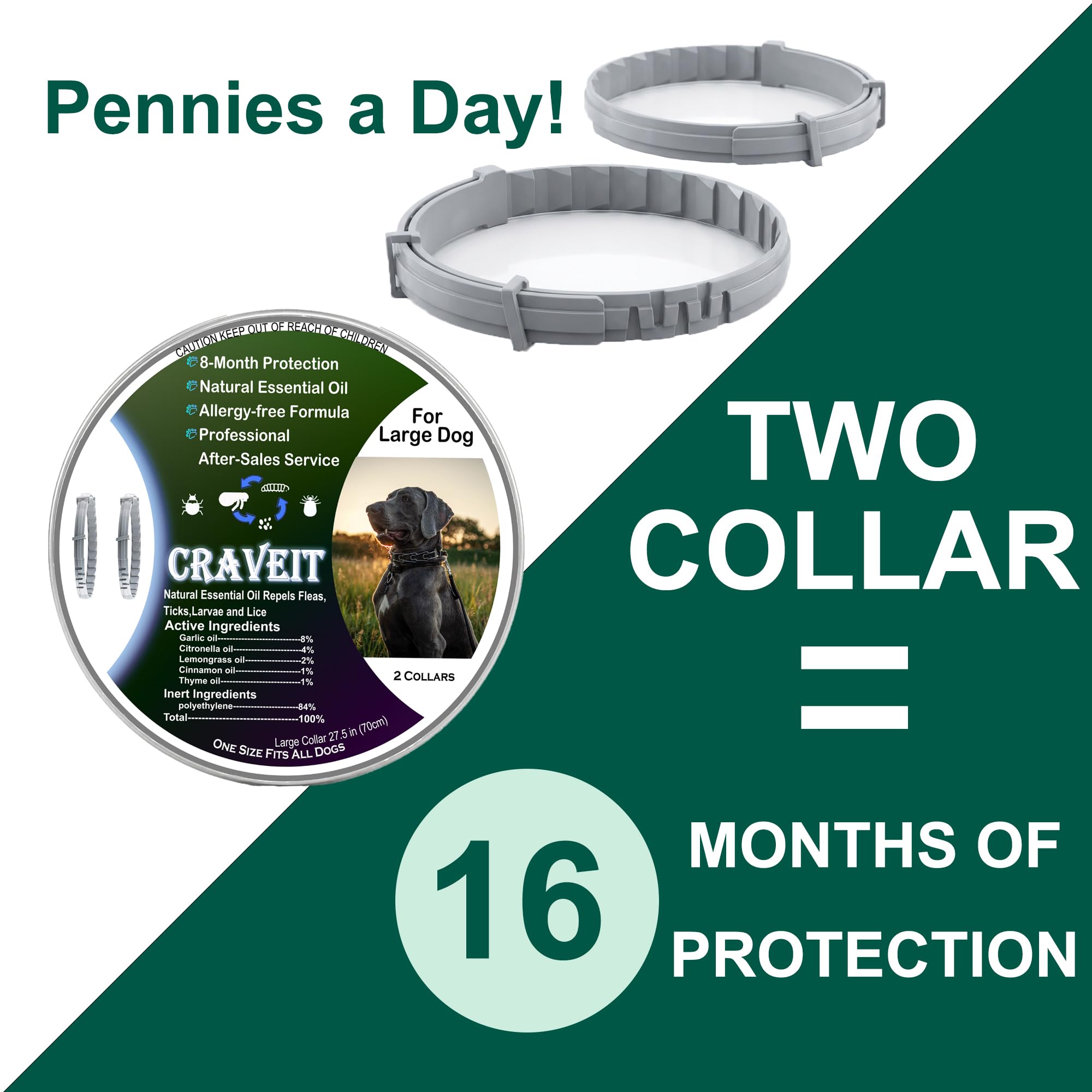Craveit dog flea collar waterproof design maintains protection during rain and baths.
