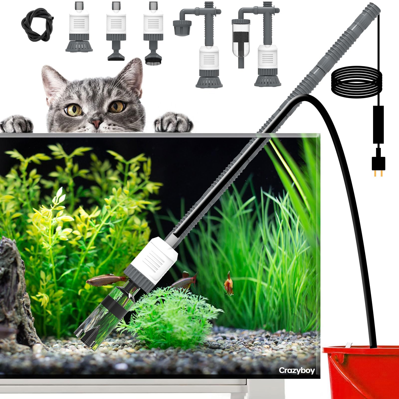 Crazyboy aquarium gravel cleaner shows 6-in-1 capability for efficient tank maintenance.