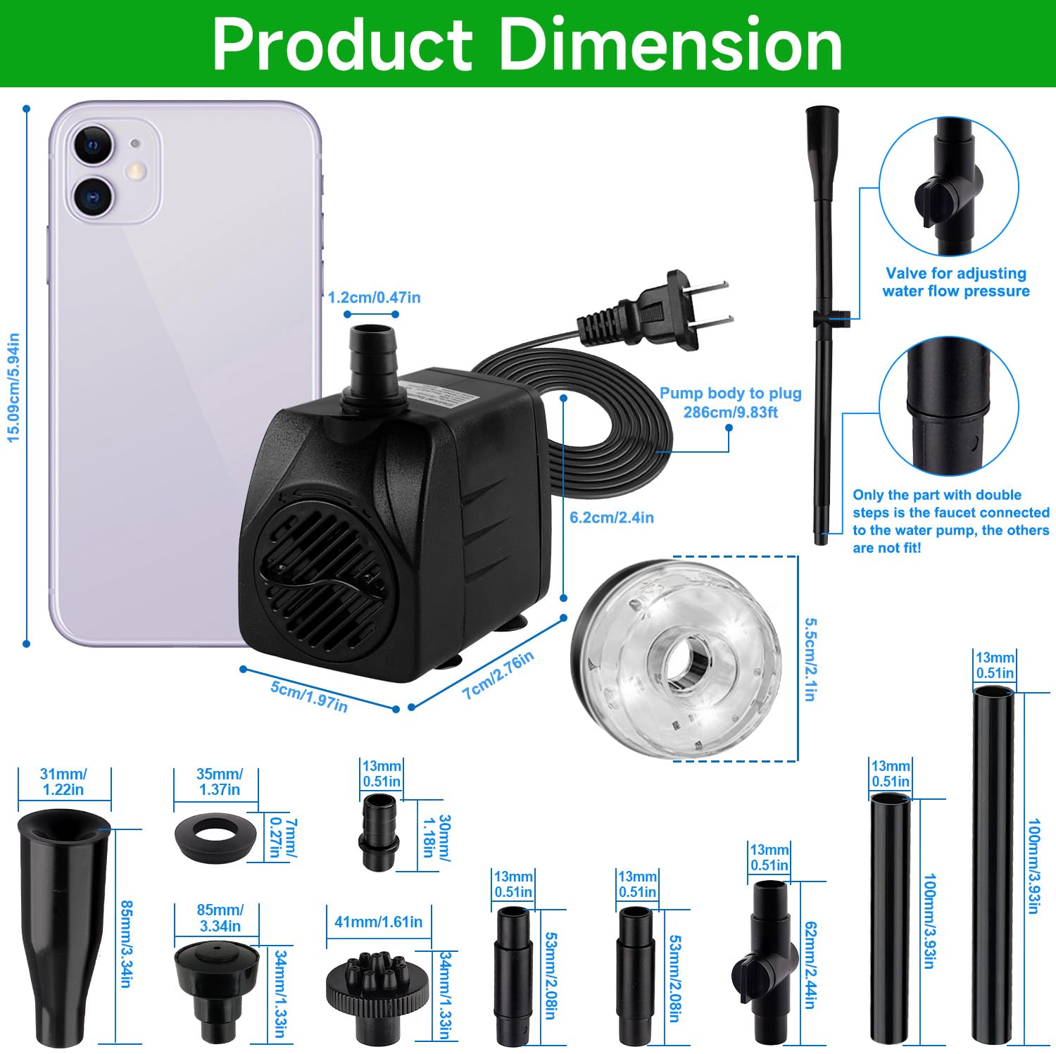 CREPOW adjustable flow controls spray height and reach.