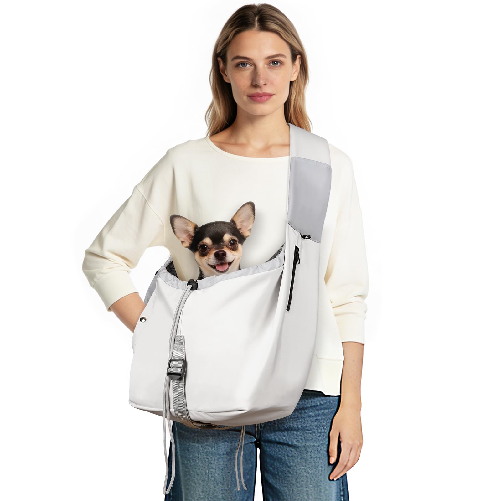 Creproly dog carrier sling with side pockets for quick access.