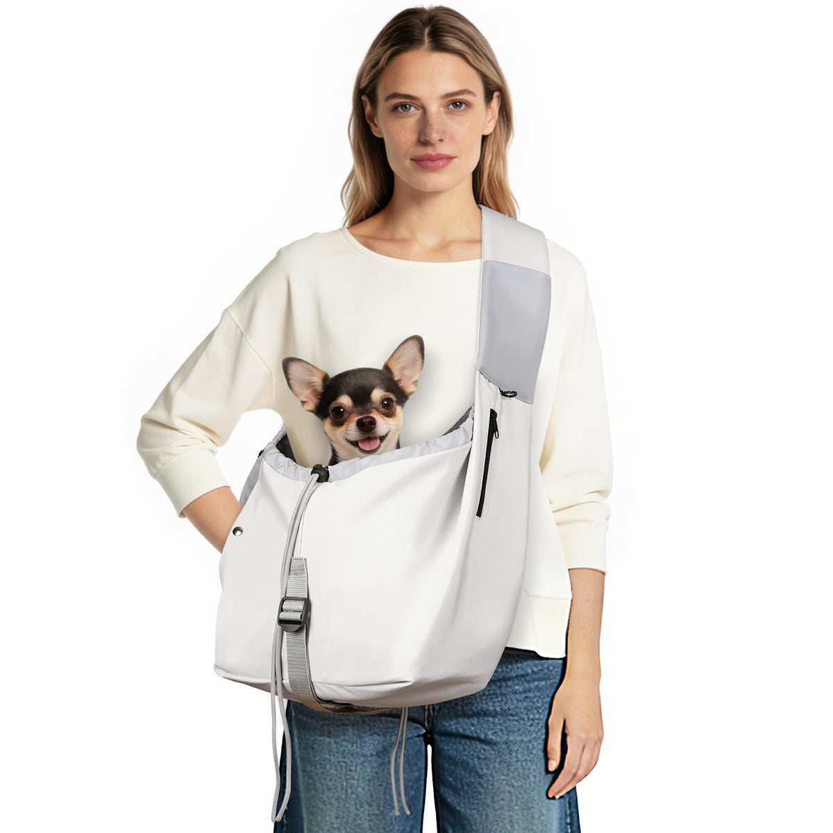 Creproly dog carrier sling with side pockets for quick access.