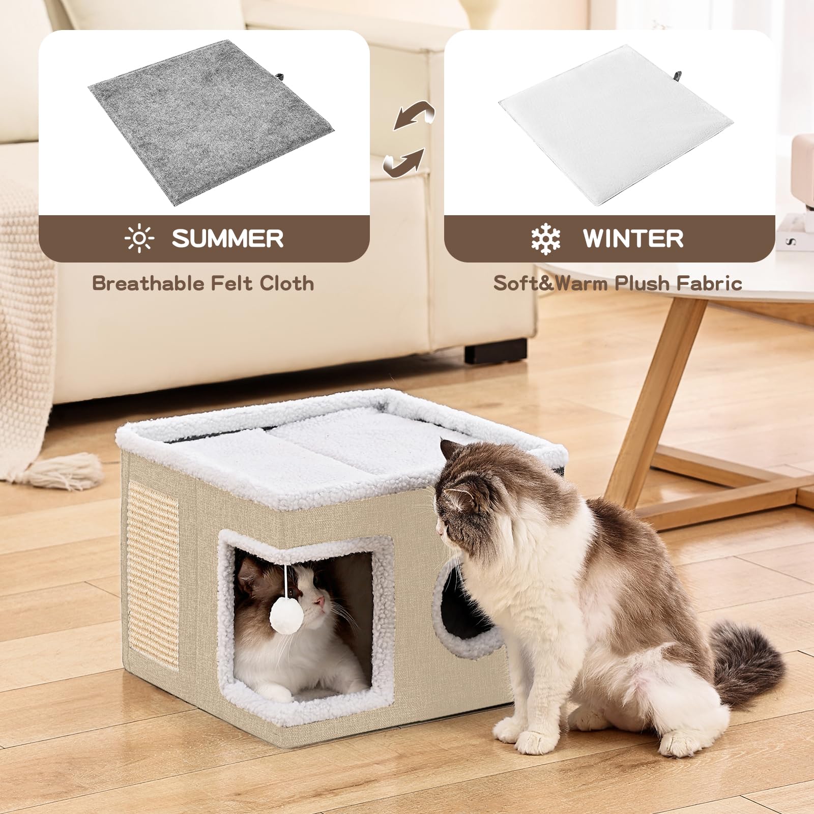 Crispedia Cat Bed includes plush hanging ball for interactive exercise.