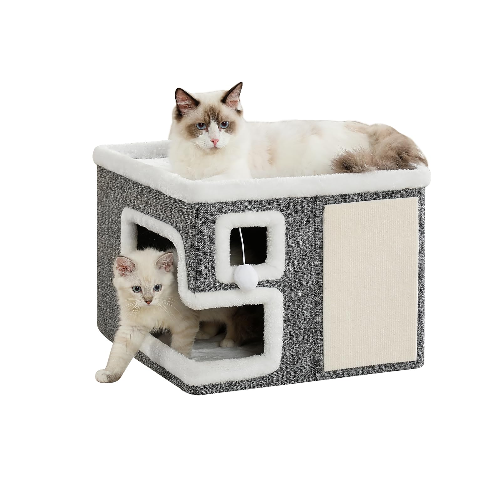 Crispedia cat houses with a covered cave bed and scratch pad for safe scratching.