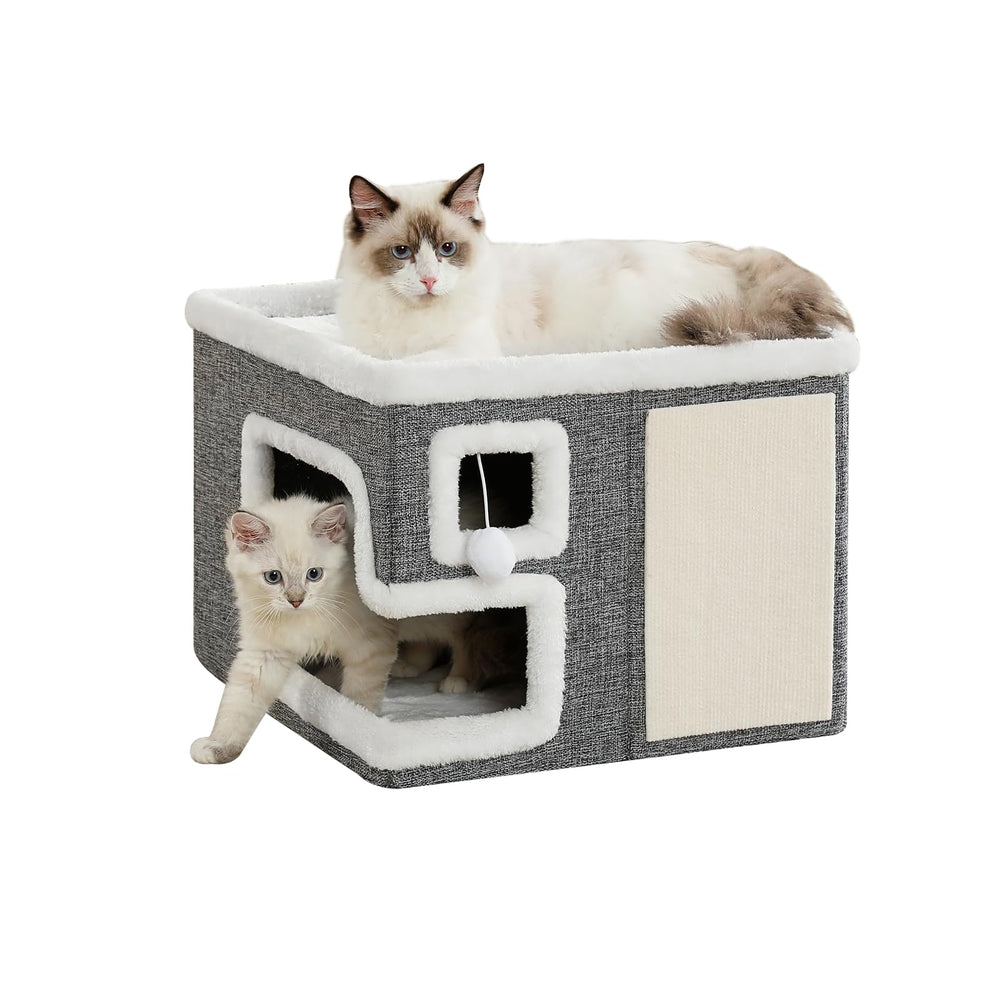 Crispedia cat houses with a covered cave bed and scratch pad for safe scratching.