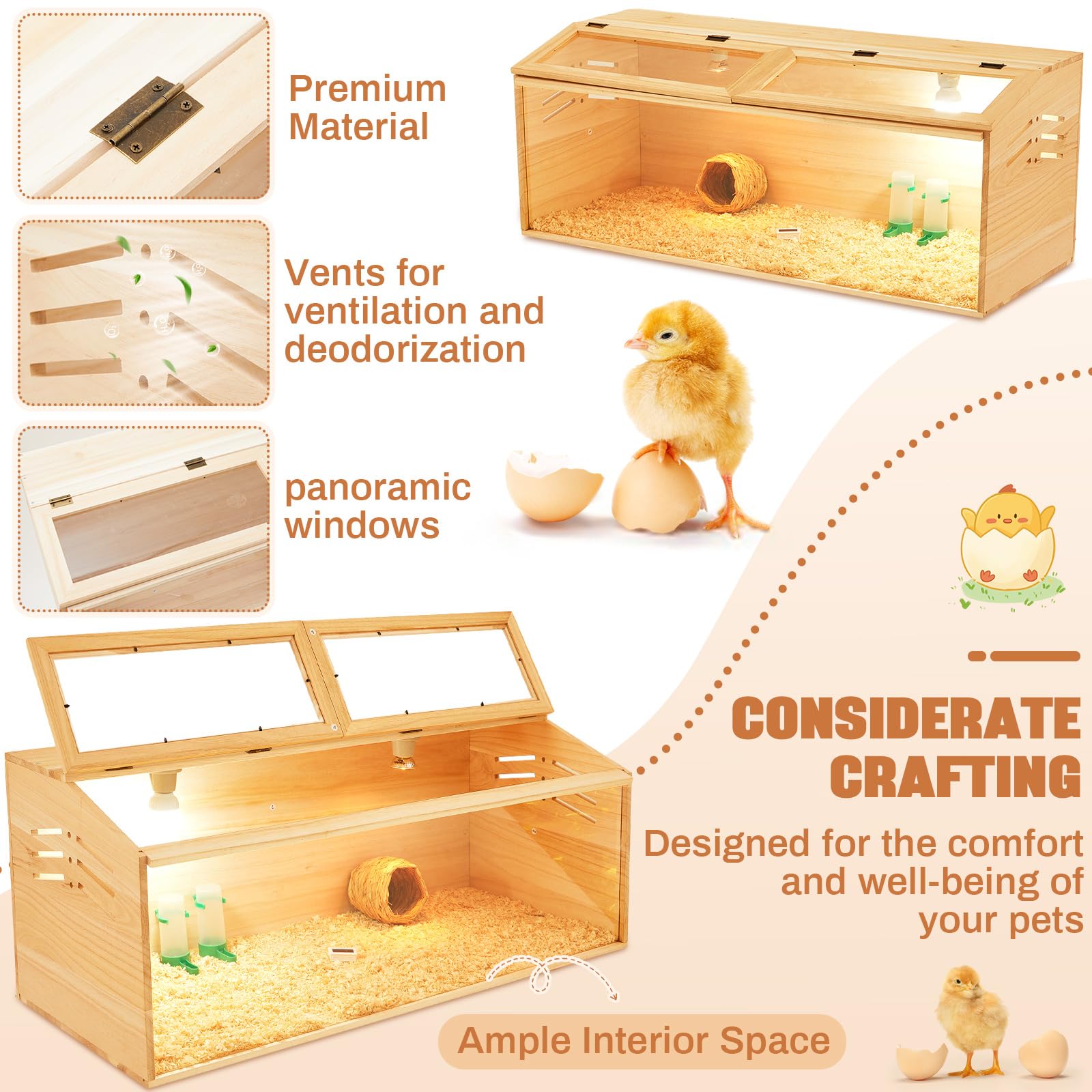 CroBlissful brooder box lamp and feeder setup illustrates complete kit.