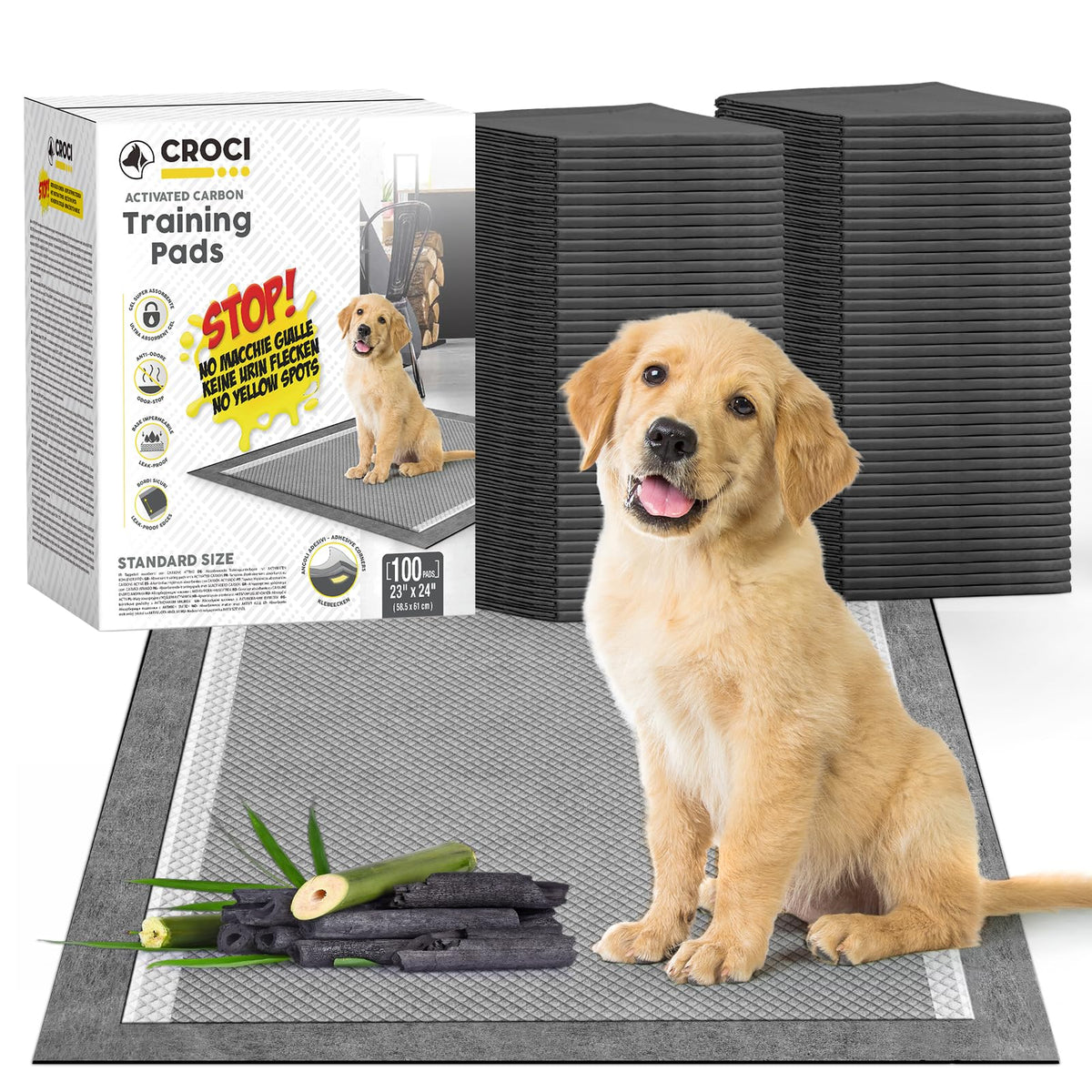Croci charcoal puppy pads 23x24 six-layer design for odor control.