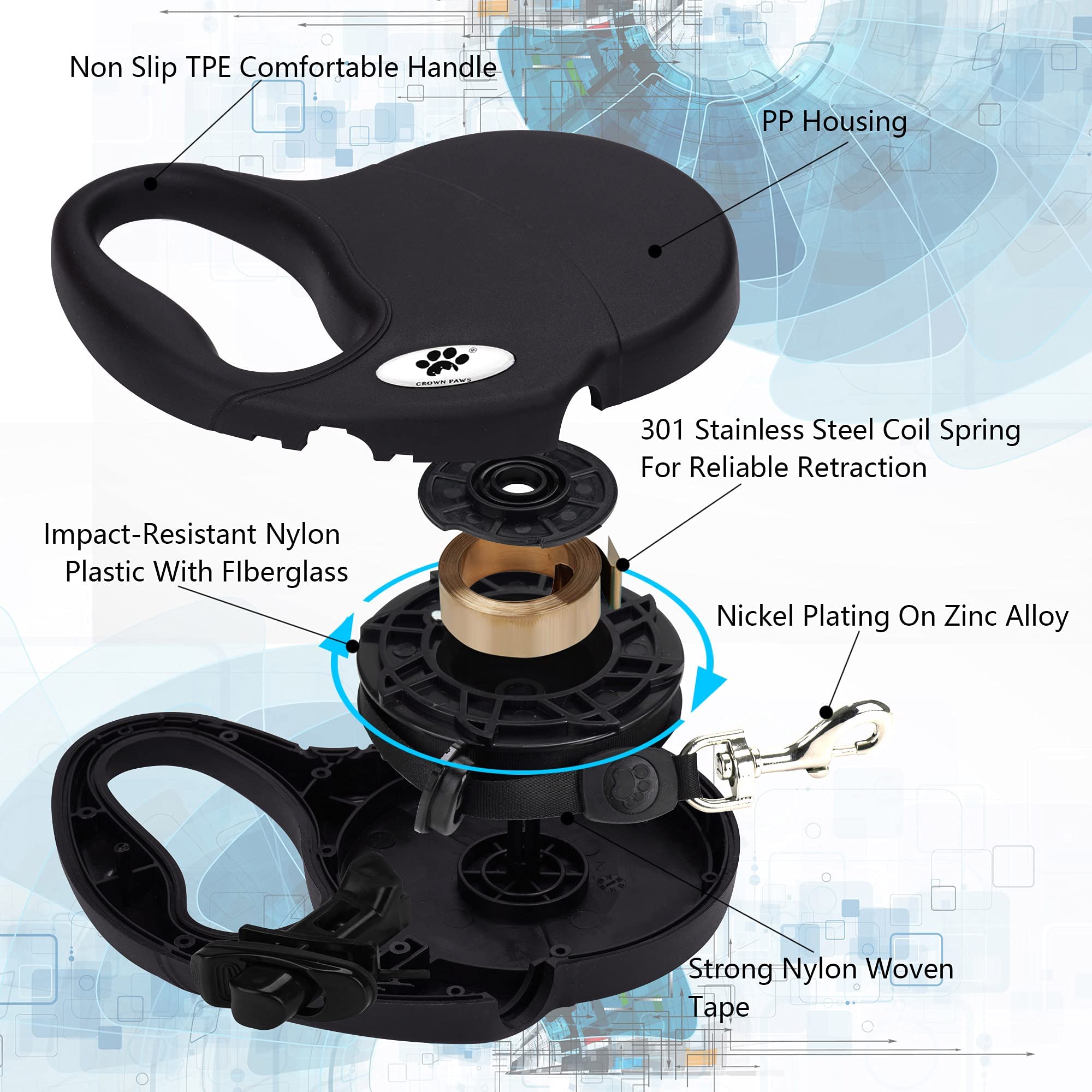 Inner 301 stainless steel coil spring in CROWN PAWS for responsive retraction.