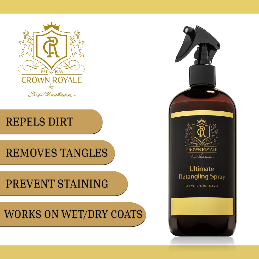 Crown Royale Detangling Spray on dog coat close-up showing smoother fur.
