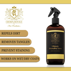 Crown Royale Detangling Spray on dog coat close-up showing smoother fur.