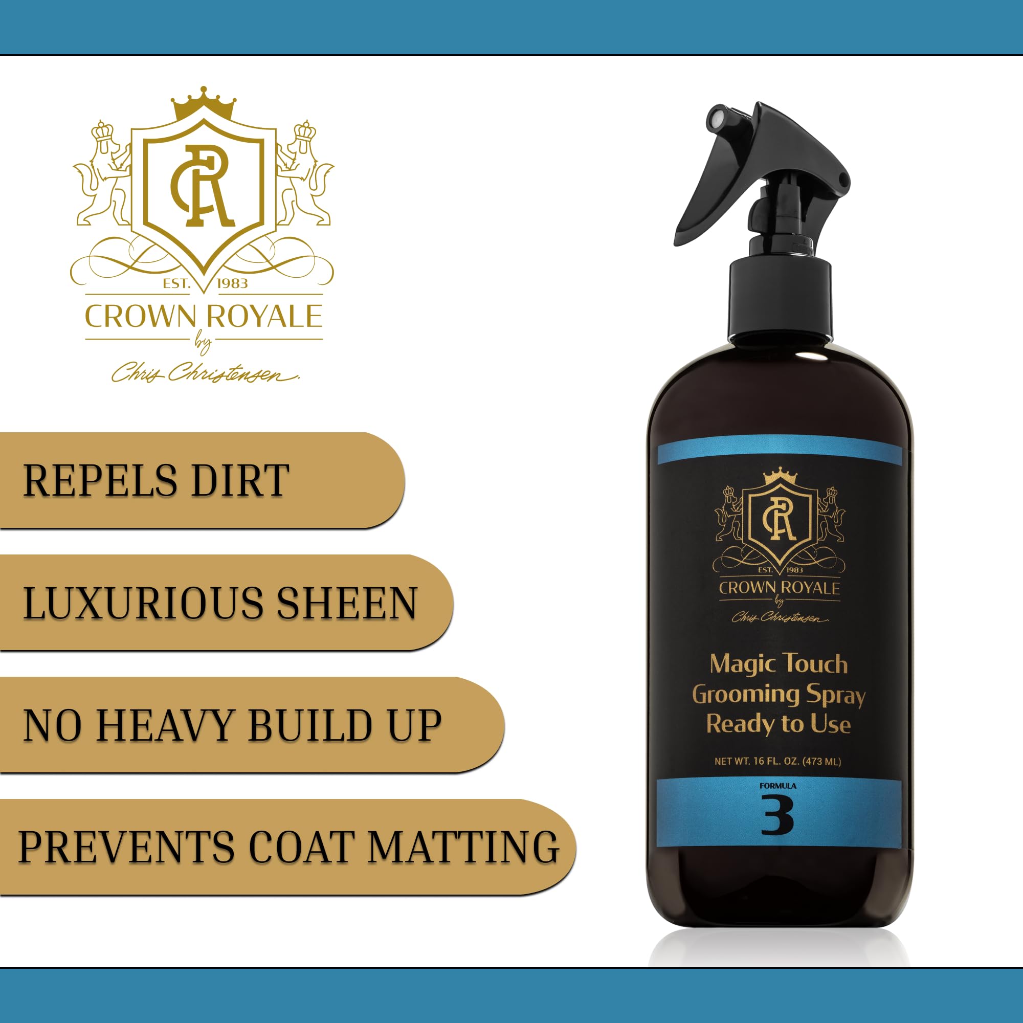Crown Royale Magic Touch Formula 3 bottle angled shot, convenient grooming solution