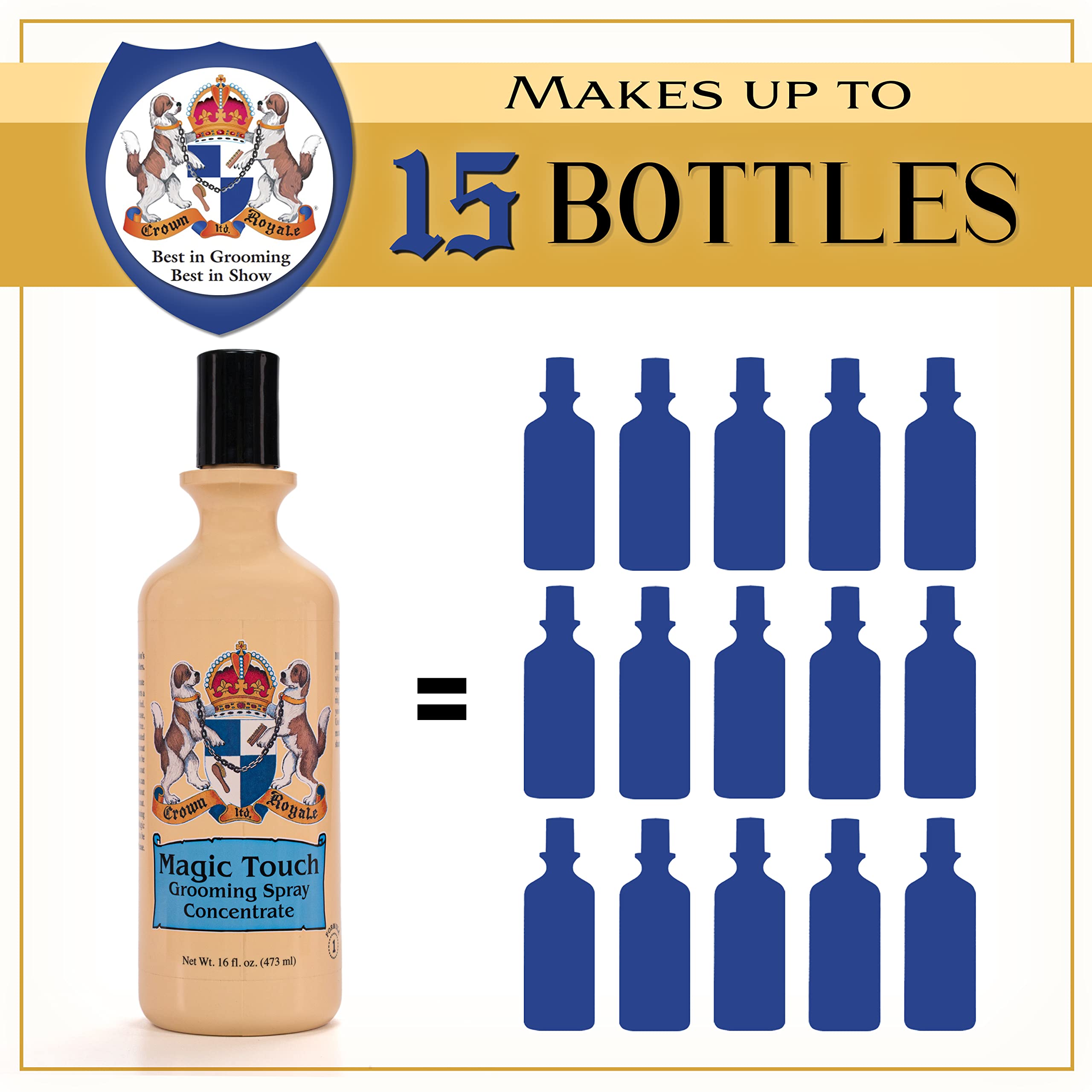 Crown Royale Magic Touch shine enhances coats while repelling dirt for between-bath upkeep.