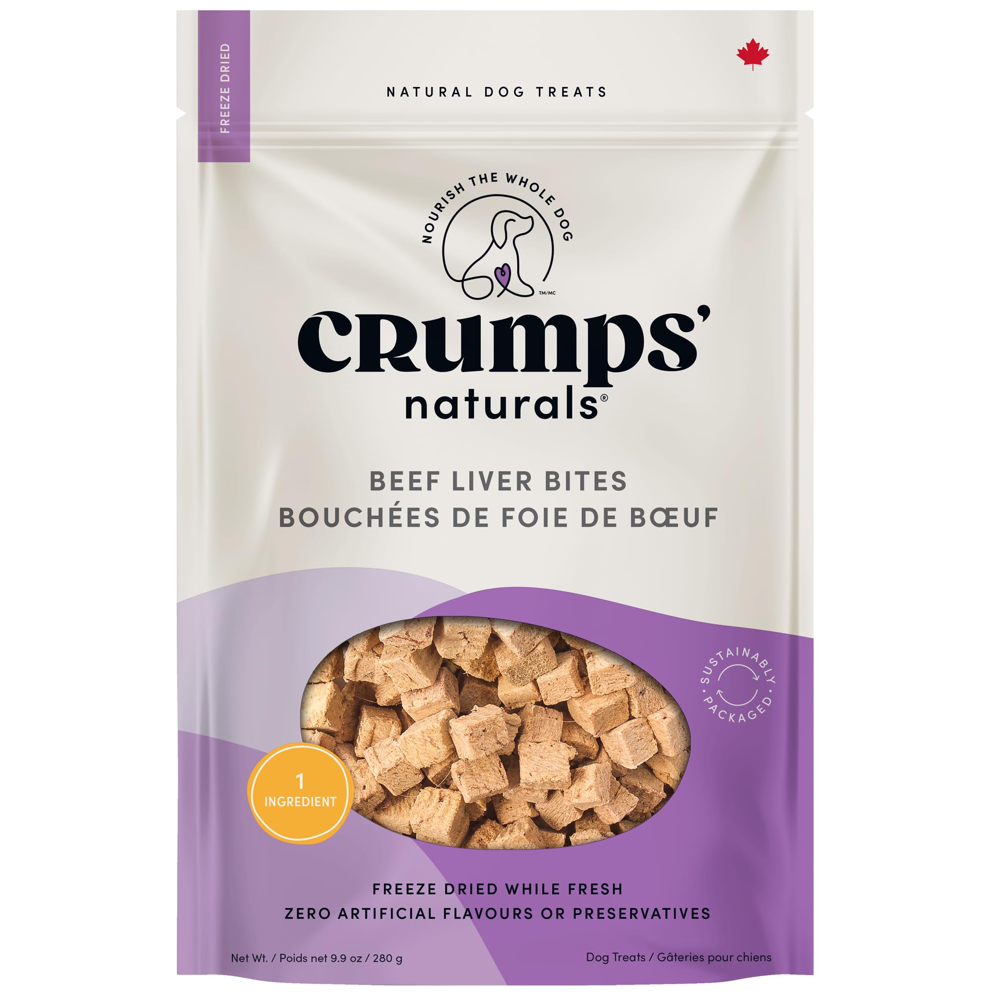 Crumps' Naturals Beef Liver Bites packaging highlights single ingredient dog treats