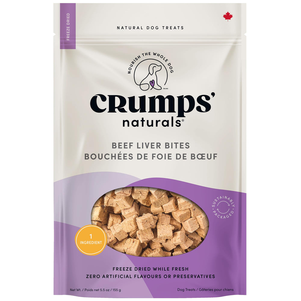 Crumps' Naturals Beef Liver Bites packaging shows single-ingredient natural dog treats.