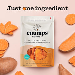 Crumps Naturals Sweet Potato Chews packaging highlights natural, grain-free dog treats.