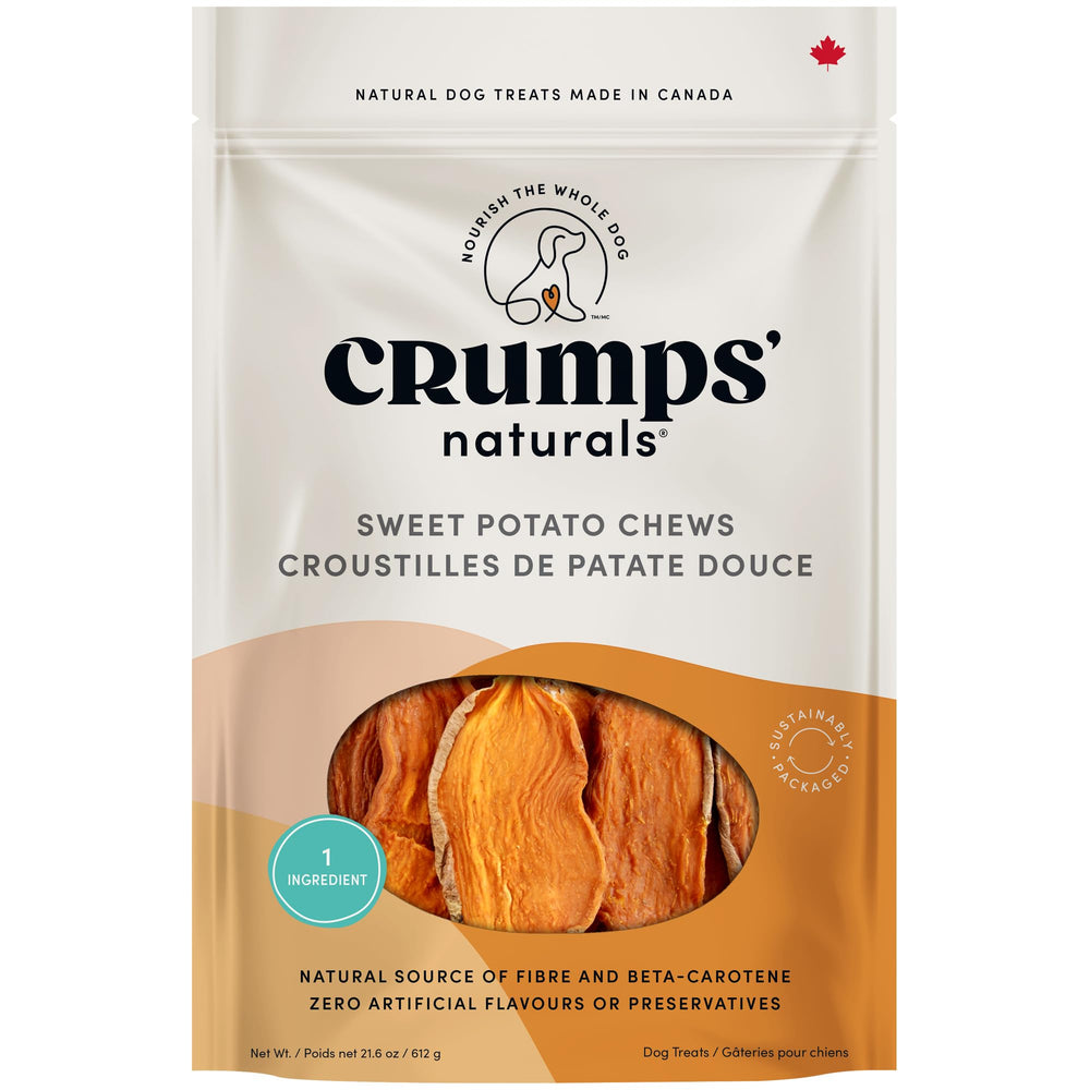 Crumps Naturals Sweet Potato Chews slices show single-ingredient goodness for sensitive dogs.