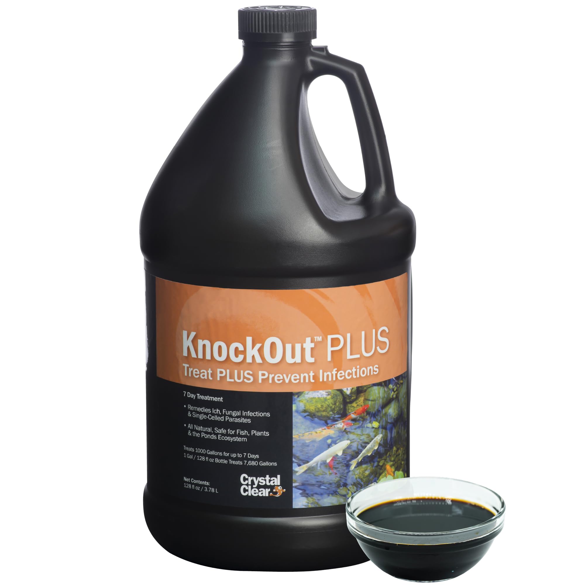 CrystalClear Knockout Plus bottle front, an all natural pond fish treatment.