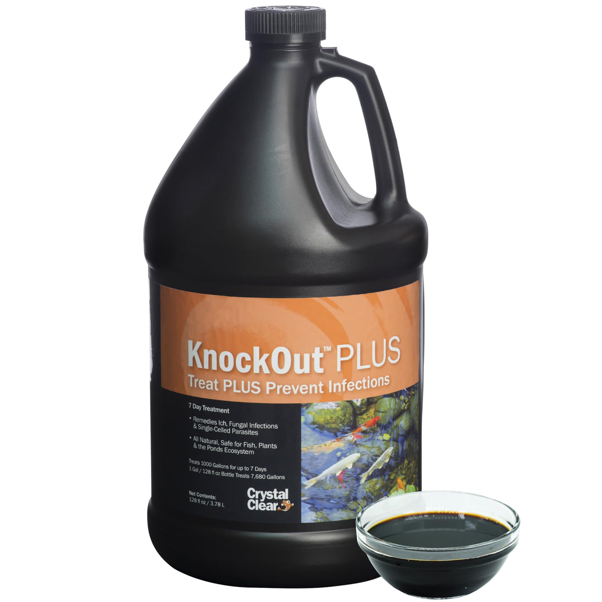 CrystalClear Knockout Plus bottle front, an all natural pond fish treatment.