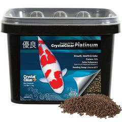 CrystalClear Platinum Fish Food packaging shows premium formula for growth and color