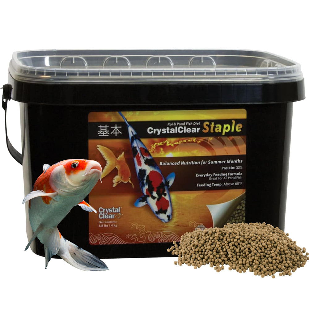 CrystalClear Staple floating pond food bottle shows balanced nutrition for koi and goldfish.