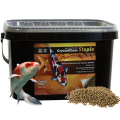CrystalClear Staple floating pond food bottle shows balanced nutrition for koi and goldfish.