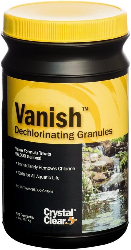 CrystalClear Vanish dechlorinating granules bottle protects fish during water changes.