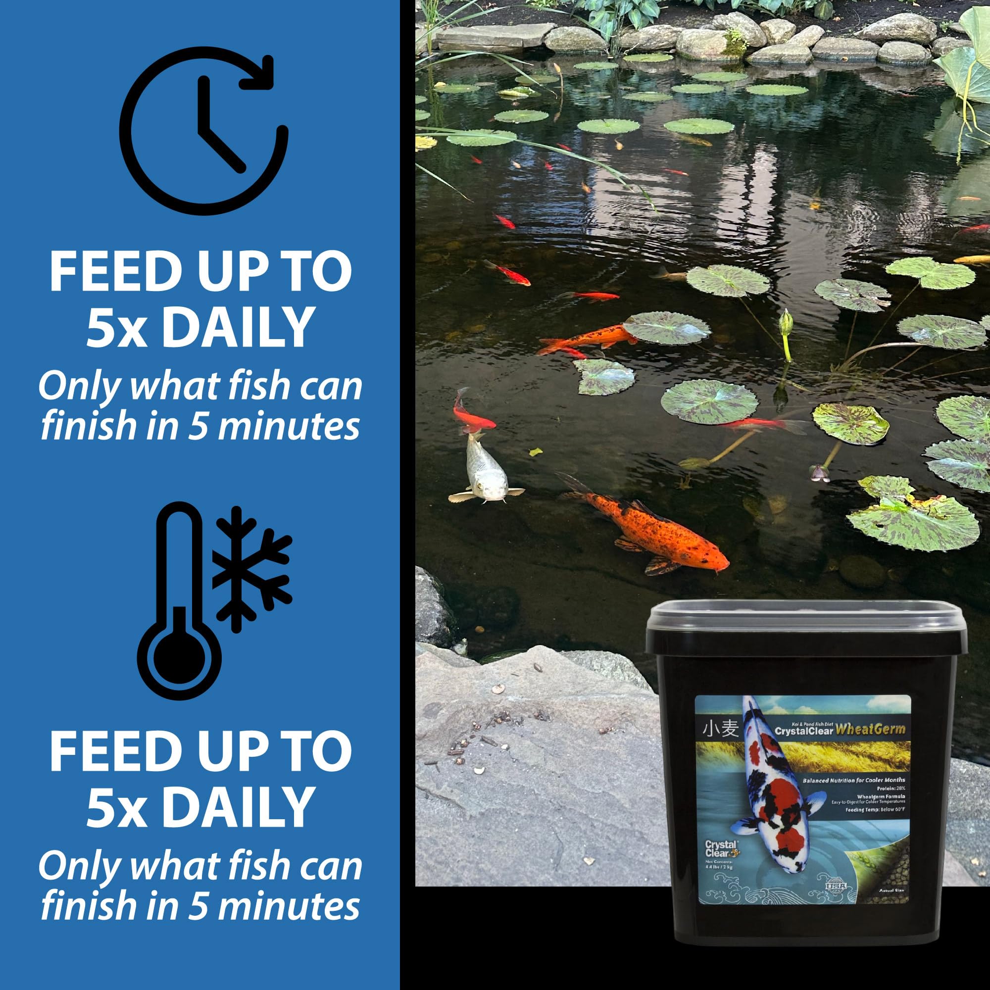 CrystalClear WheatGerm 3mm pellets emphasize compatibility with mid-sized pond fish