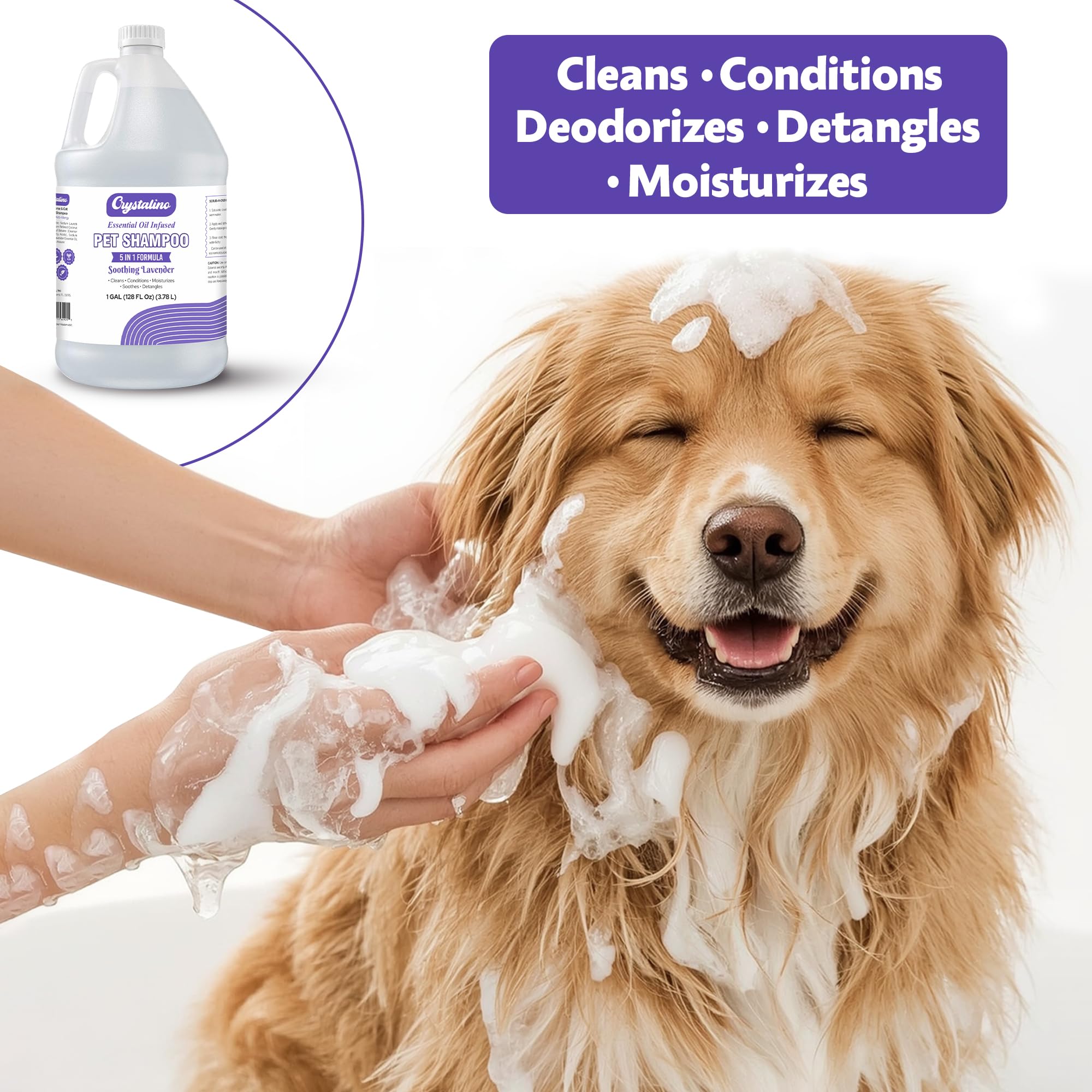 Crystalino dog shampoo lavender lather showcasing moisturizing formula