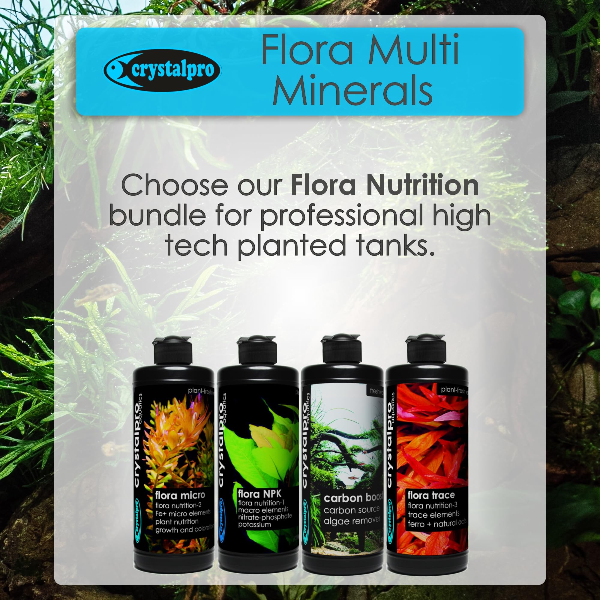 Crystalpro Flora Multi Minerals label closeup highlights no phosphate or silicate.