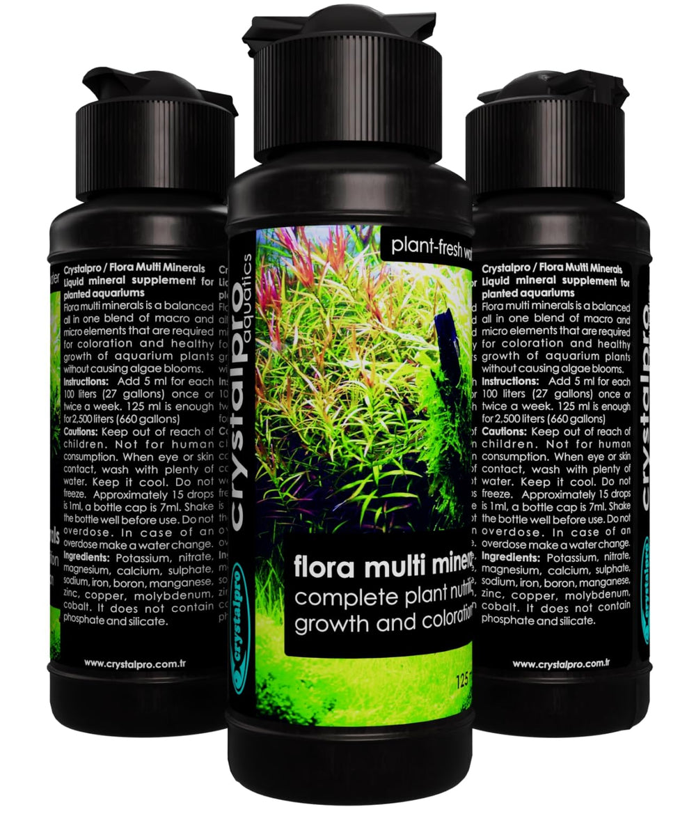 Crystalpro Flora Multi Minerals packaging emphasizes all-in-one fertilizer for aquariums.