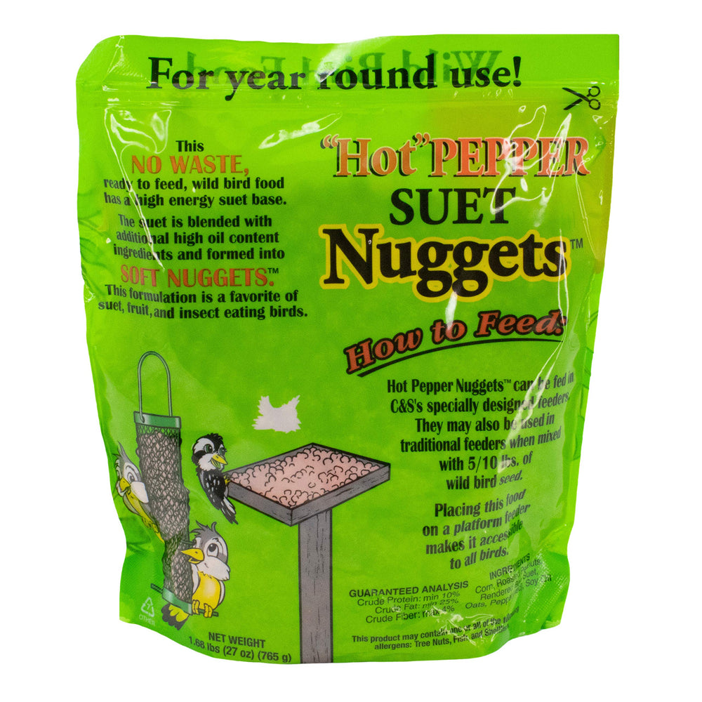 Birds feeding on C&S Hot Pepper Nuggets in a feeder.