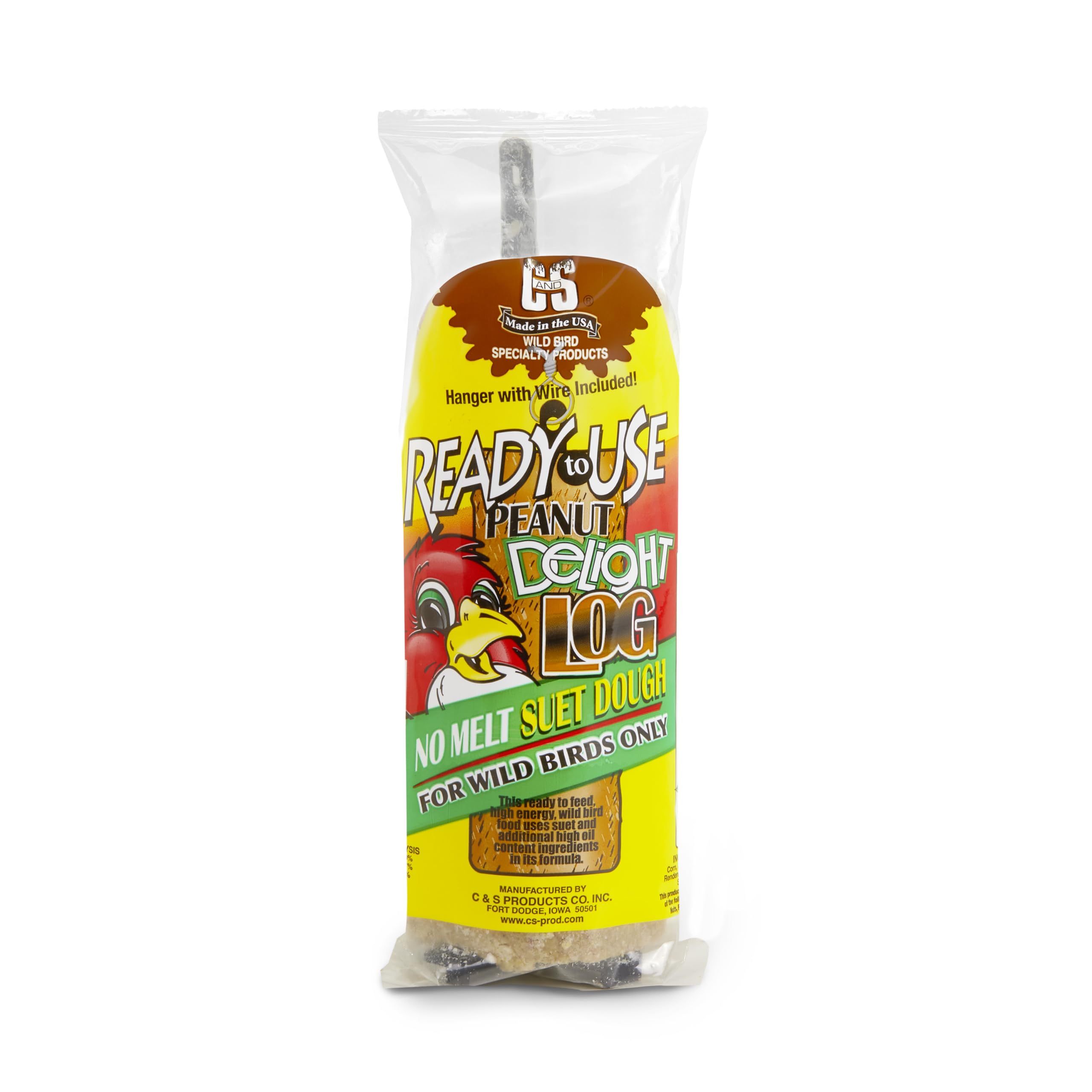 C&S Peanut Delight No Melt Log ready to hang attracting backyard birds