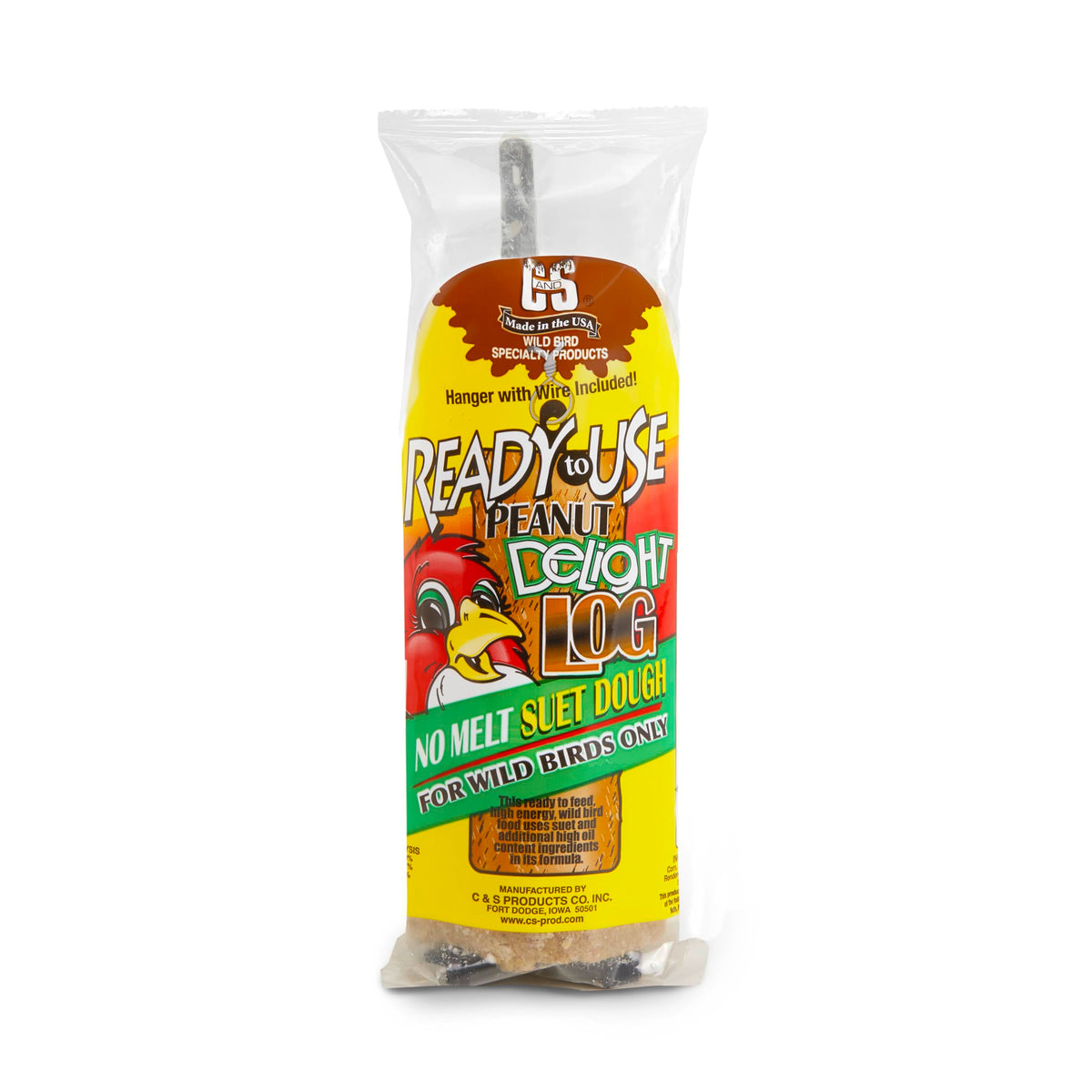 C&S Peanut Delight No Melt Log ready to hang attracting backyard birds