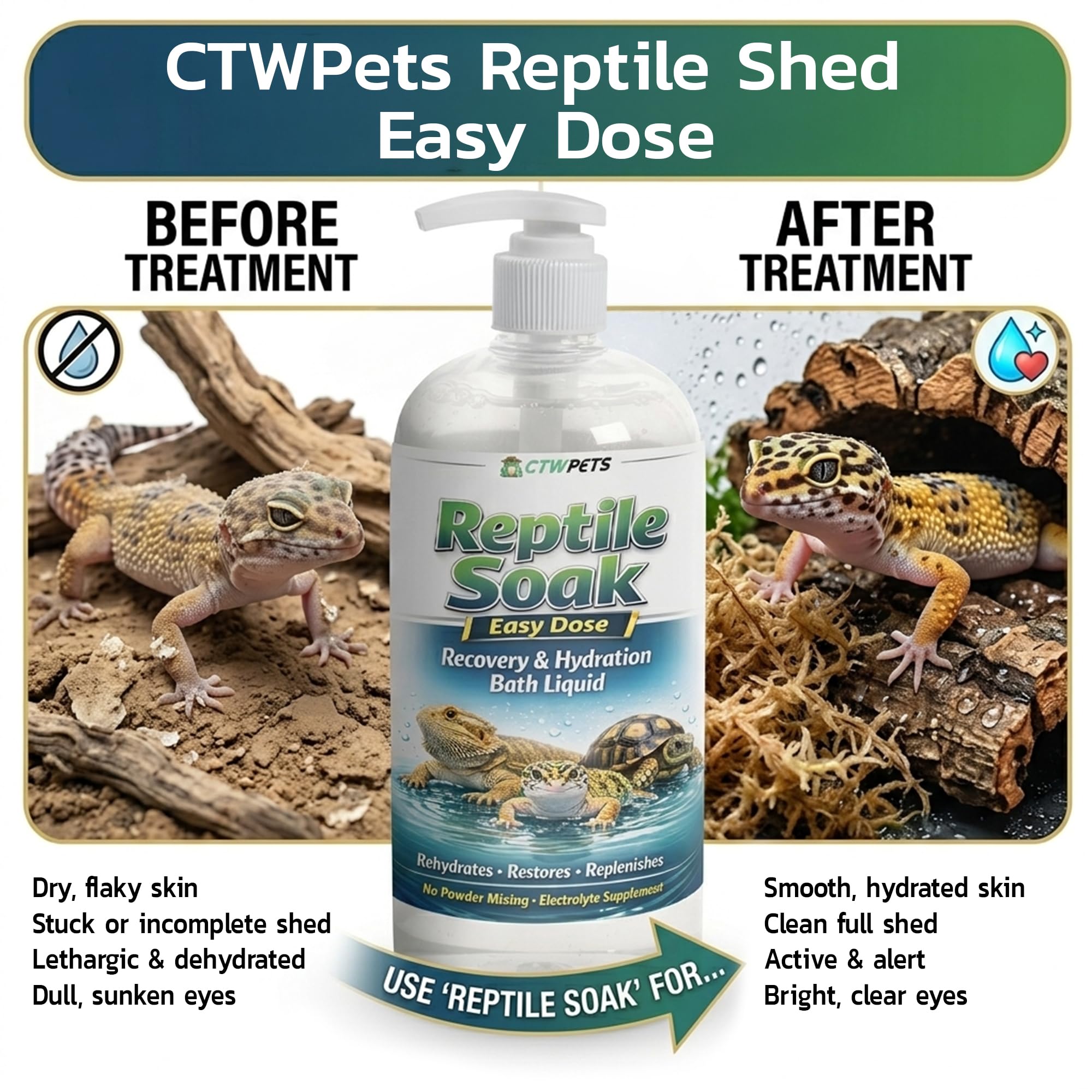 CTWPets Reptile Vitamin Blend bath bottle label shows electrolytes and vitamins.
