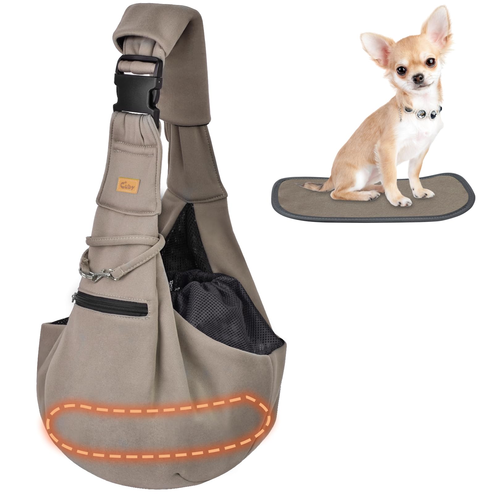 Cuby dog and cat sling carrier with dual safety hook for secure outings.