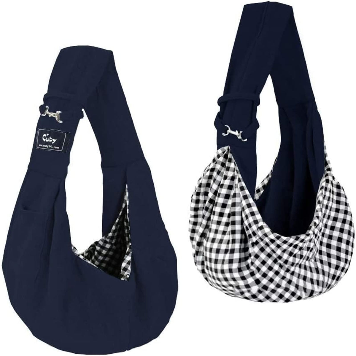 Cuby dog-cat sling carrier front view with secure buckle for pets.