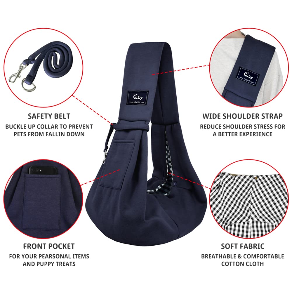 Cuby dog-cat sling carrier side view shows comfort and storage pockets.