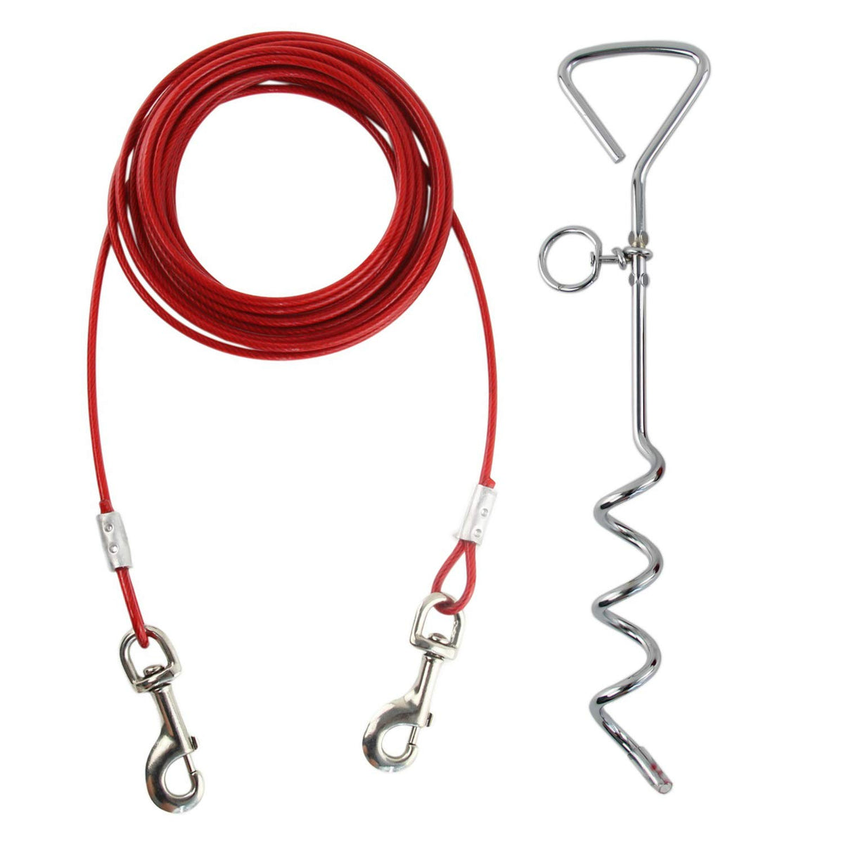 Cuddlerr 30ft dog tie out cable in action for garden play with secure anchoring.