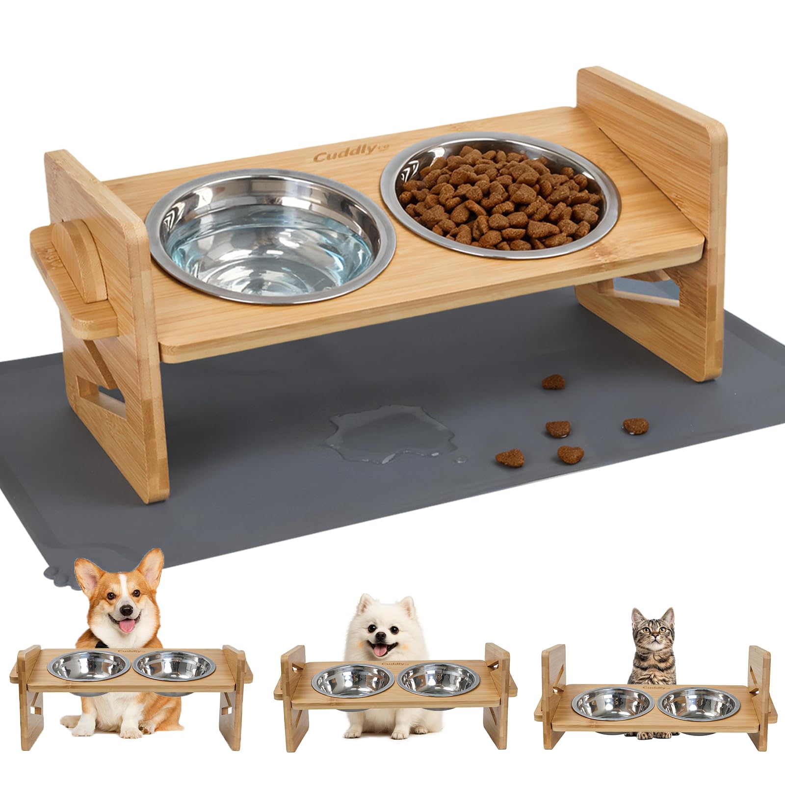 CuddlyCo elevated bowls stand in natural bamboo with three height options for comfortable feeding.