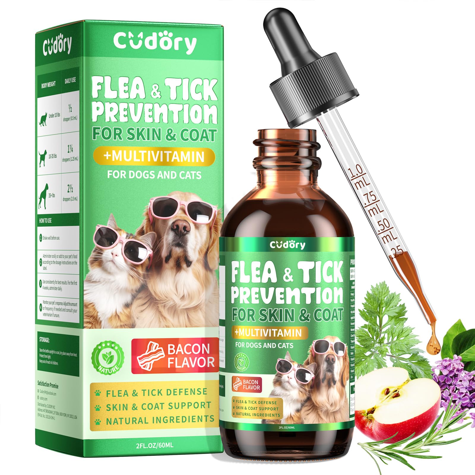 Cudory bacon flavor bottle pour showing easy administration for pets
