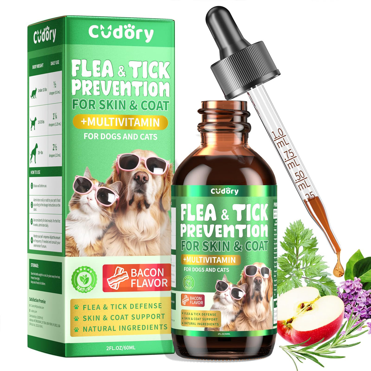 Cudory bacon flavor bottle pour showing easy administration for pets